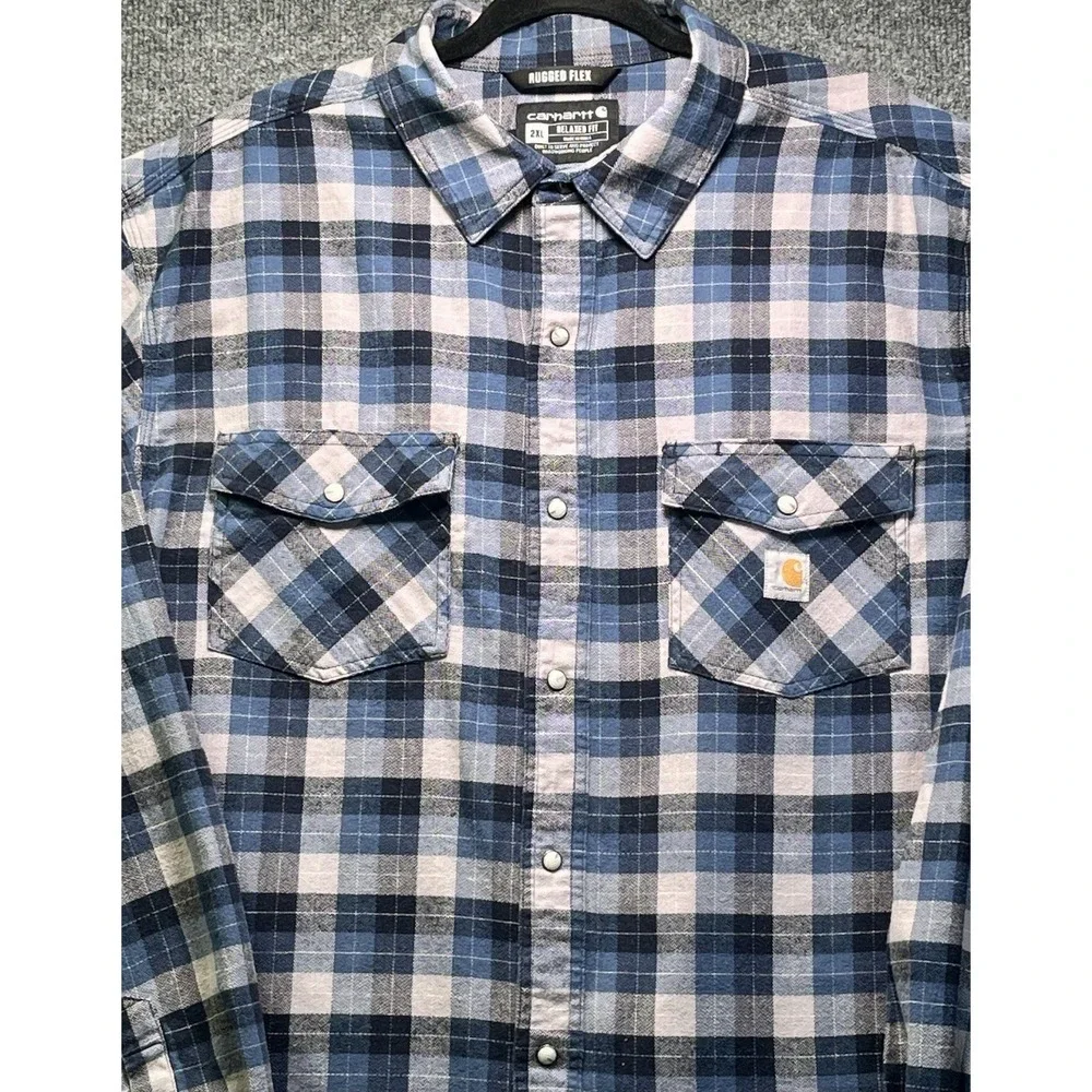 Carhartt 104914-126 Rugged Flex Pearl Snap Flannel Shirt Mens 2XL Blue‎ Plaid - Picture 4 of 10